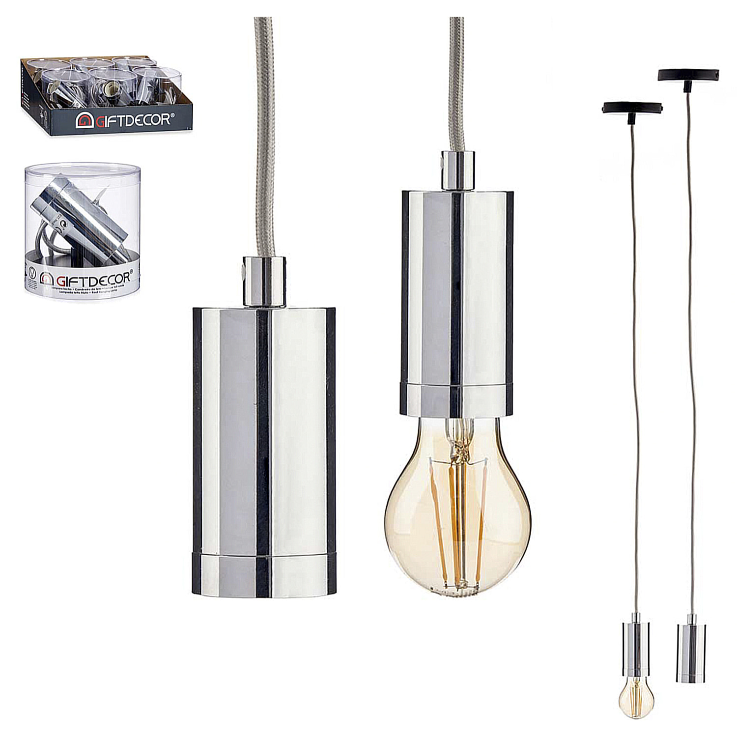 Lampada sospesa in acciaio argento.