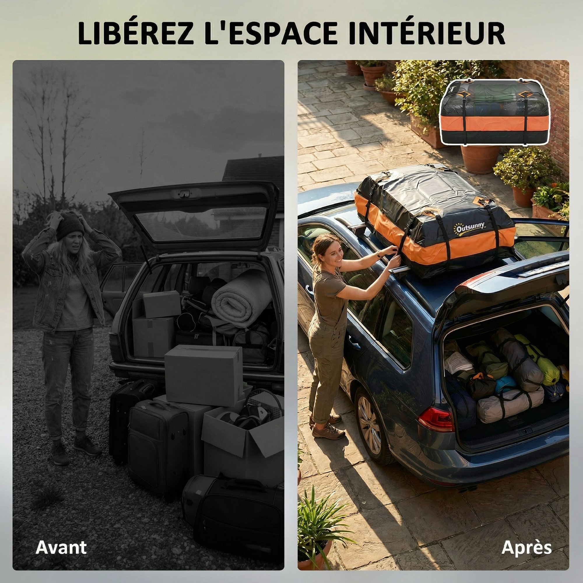 Coffre de toit souple pliant 425L avec accessoires charge max. 50 Kg orange noir