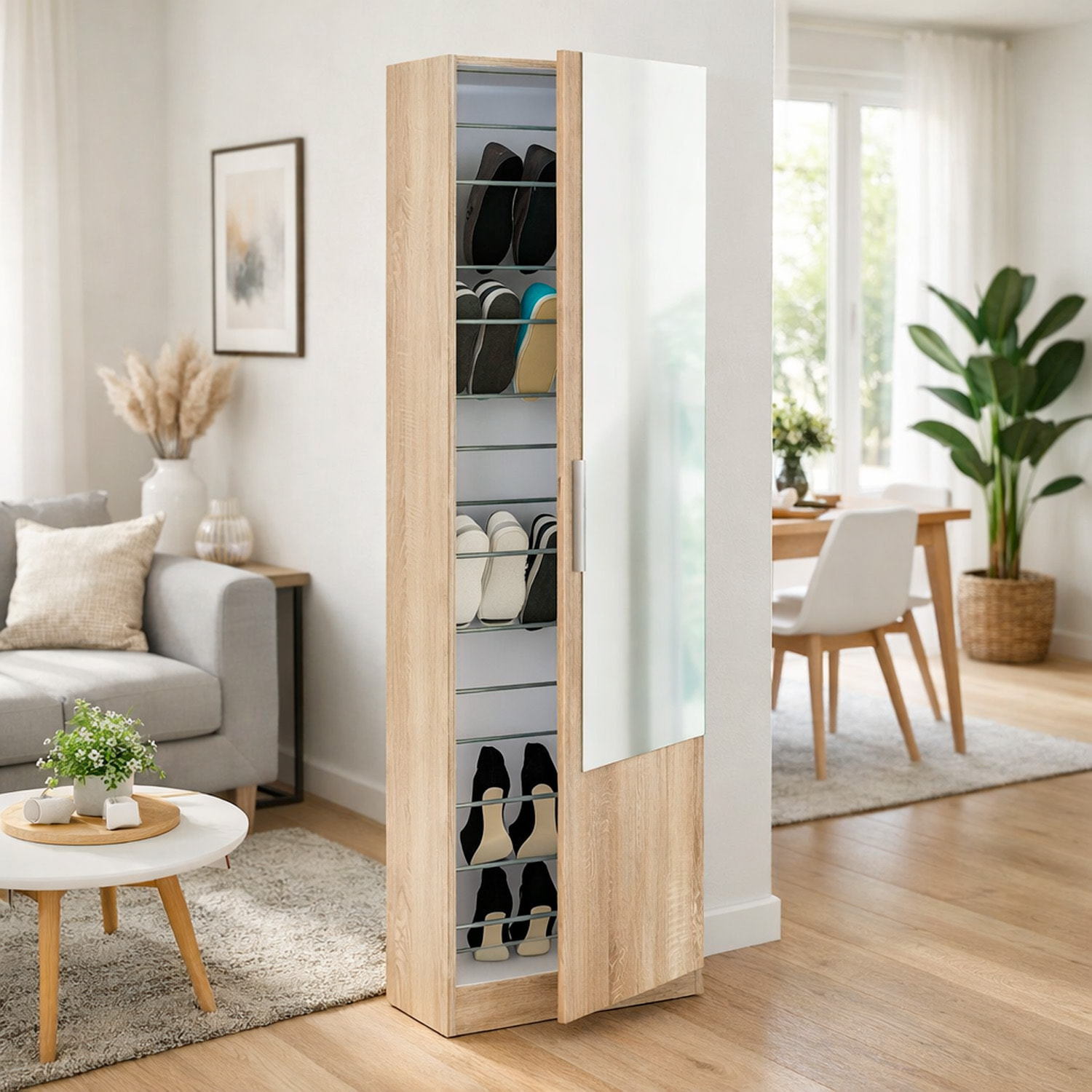 Scarpiera Armadio Portascarpe Con Specchio A Tutta Altezza Salvaspazio Mobile Verticale Per Ingresso Camera 16 Paia di Scarpe 180 x 50 x 22 Cm Rovere