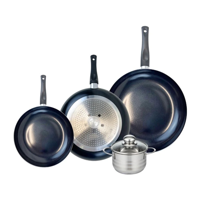 Ensemble de 3 Poêles de cuisson 20, 24 et 28 cm et 1 faitout 12 cm Elo Prima Brillant