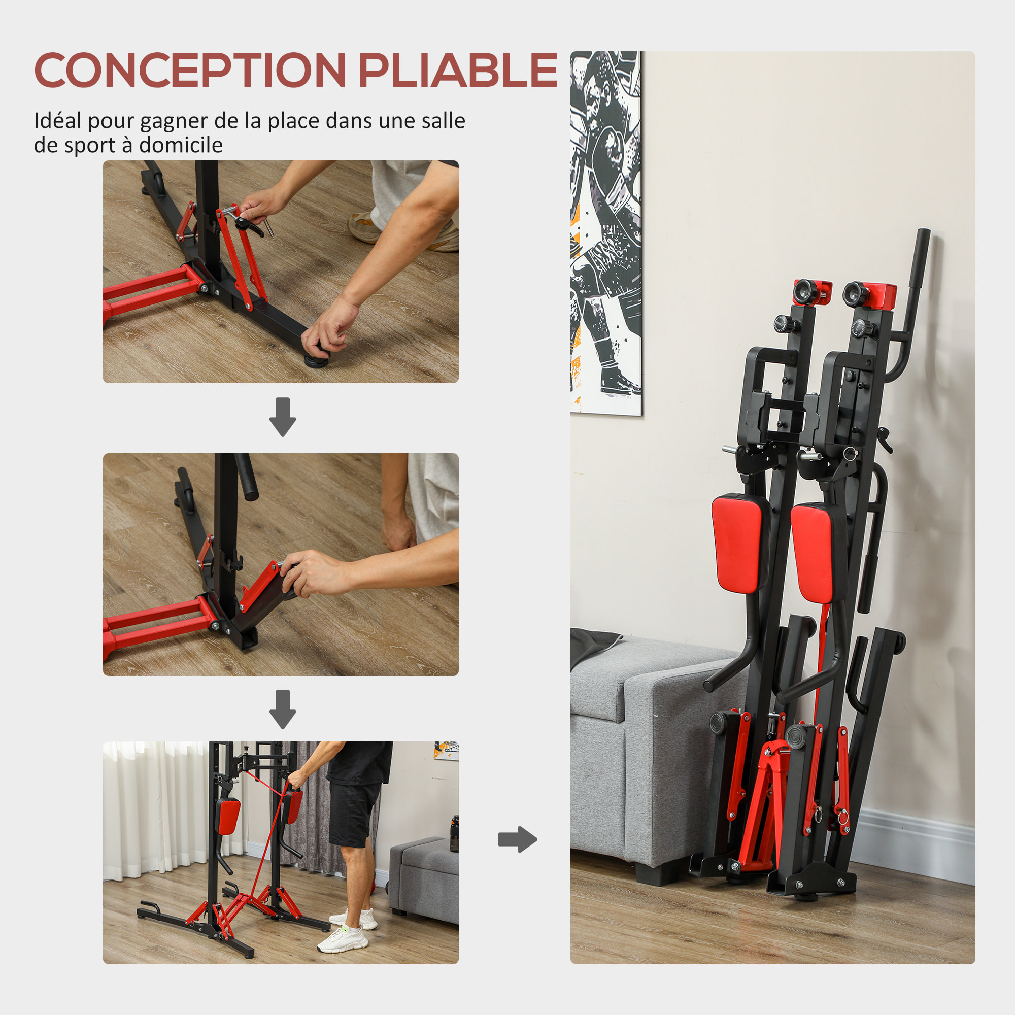 Station de traction musculation pliable réglable - station de dips - chaise romaine - acier rouge noir