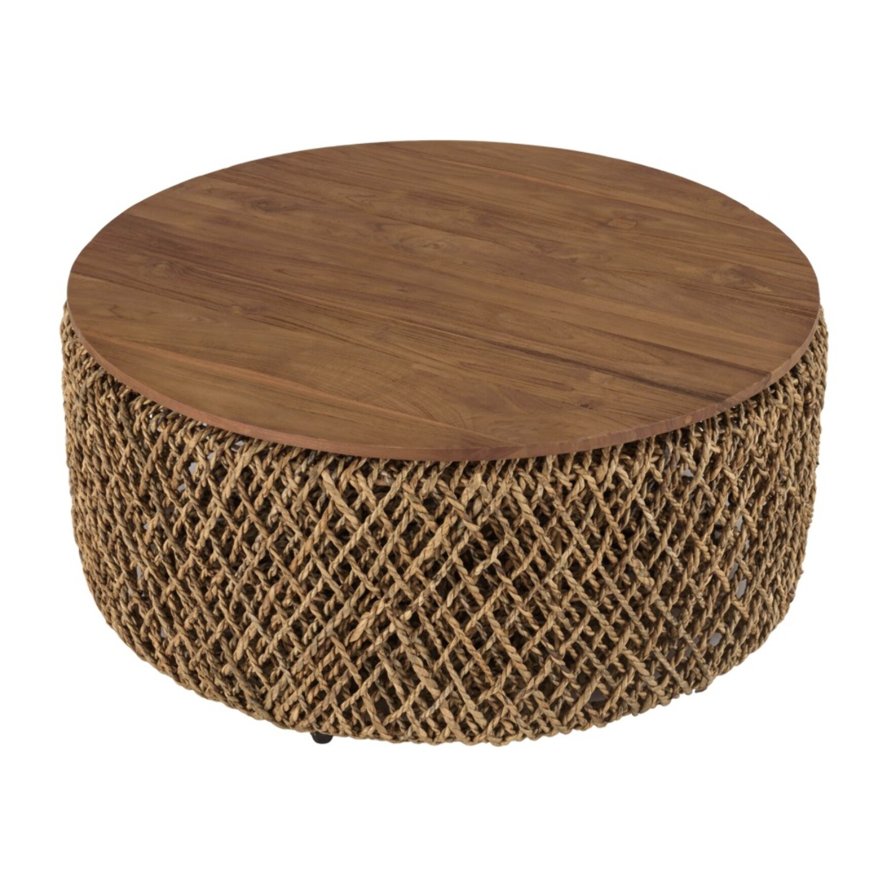 SIXTINE - Table basse ronde diam85 rotin plateau bois de teck recyclé