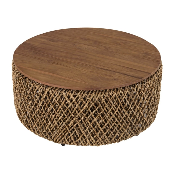 SIXTINE - Table basse ronde diam85 rotin plateau bois de teck recyclé