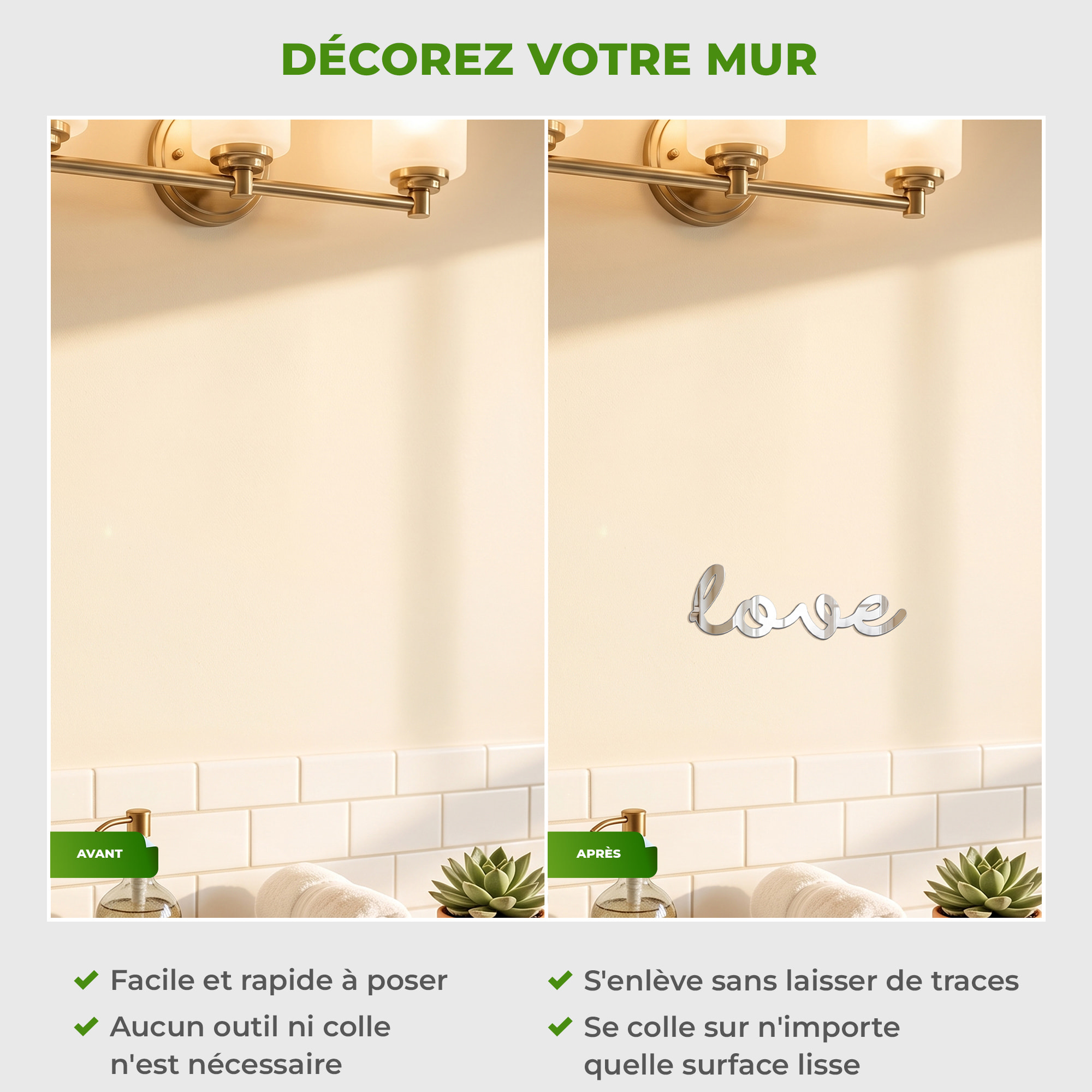 Sticker effet mirroir Love 30 x 10 cm