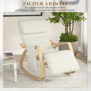 Fauteuil à bascule - fauteuil relax repose-pied réglable, poche rangement, tétière - bois tissu beige clair