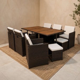 Salon de jardin 10 pl en résine marron et coussins beige + housse CASCO