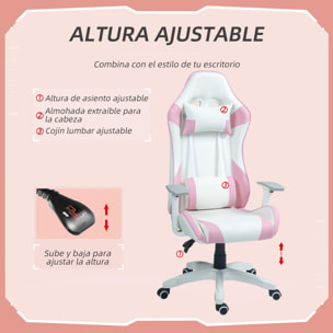 HOMCOM Silla Gaming Reclinable Silla Gamer Giratoria con Cojín Lumbar Reposabrazos Ajustable Reposacabezas Extraíble Basculante y Altura Ajustable para Oficina Estudio 67x60x120-128 cm Blanco y Rosa