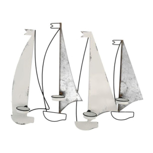 Portacandele mare in metallo bianco grigio barche 4 posti cm59,7x8,3h48,3