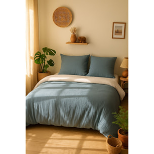 Parure housse de couette gaze de microfibre bleu petrole