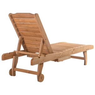 Tumbona de Madera Exterior Silla Reclinable de Jardín con 2 Ruedas Respaldo Ajustable en 3 Niveles y 1 Bandeja Carga 130 kg para Terraza Patio Natural