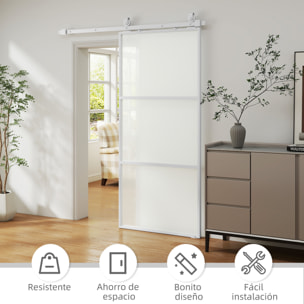 Puerta Corredera con Herrajes Puerta Corredera de Cristal con Mecanismo Cierre Suave para Baño Salón Sala de Estar Cocina 91,4x203,2 cm Blanco