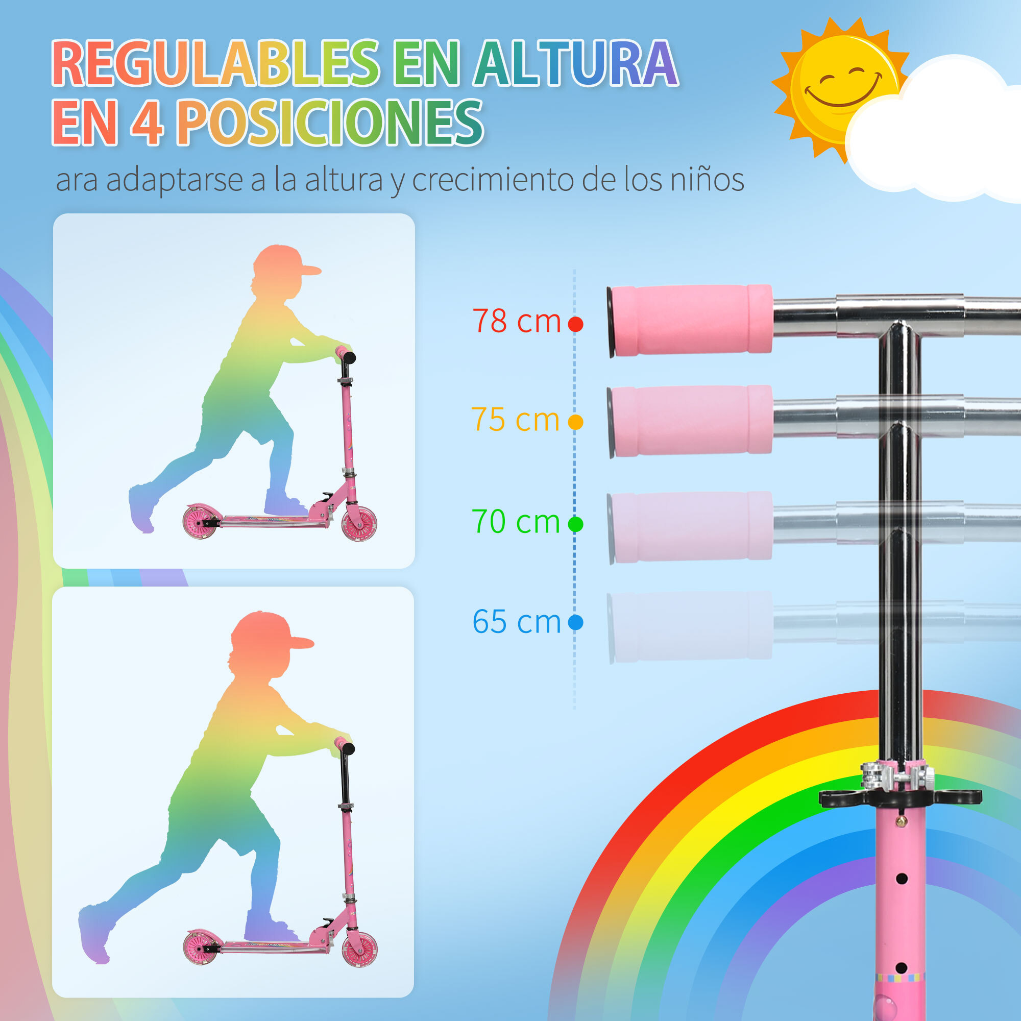 HOMCOM Patinete para Niños de 2 Ruedas, Patinete Infantil Plegable con Música 4 Altura Ajustable 65-78 cm Ruedas con Luces LED para Niños y Niñas de 3-7 Años Carga 50 kg Rosa