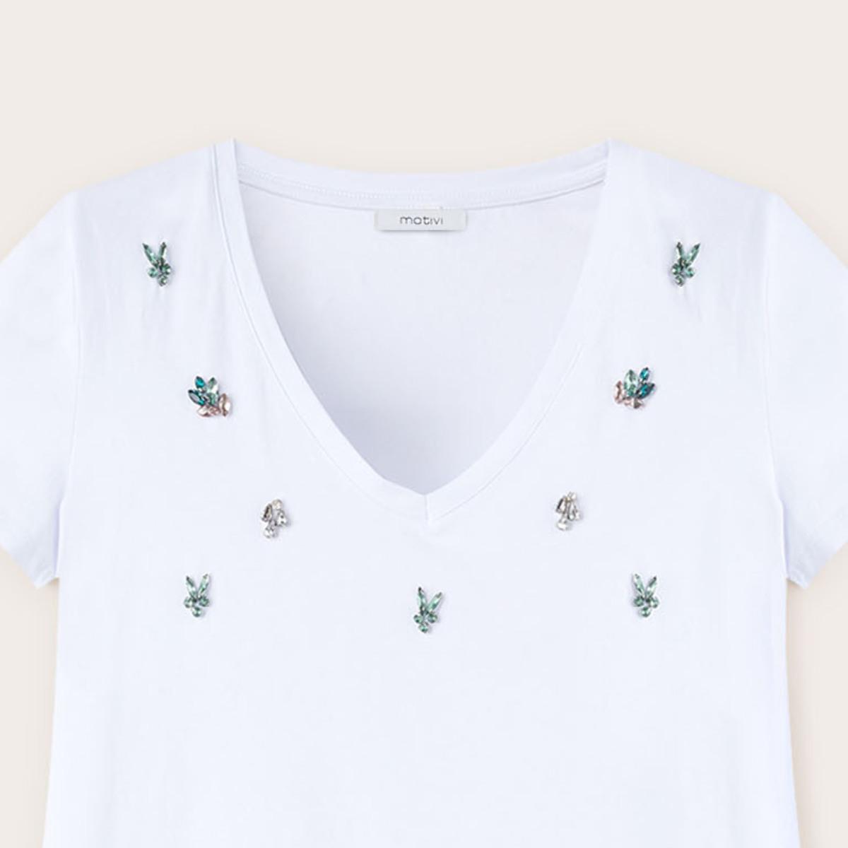 Motivi - Camiseta escote de pico con bordado de piedras - Blanco