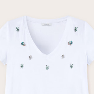 Motivi - Camiseta escote de pico con bordado de piedras - Blanco