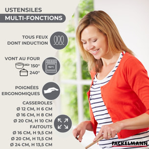 Set de 3 casseroles 12 16 20 cm en inox et 3 faitouts inox 16, 20 et 24 cm et 6 ustensiles Fackelmann Geneva