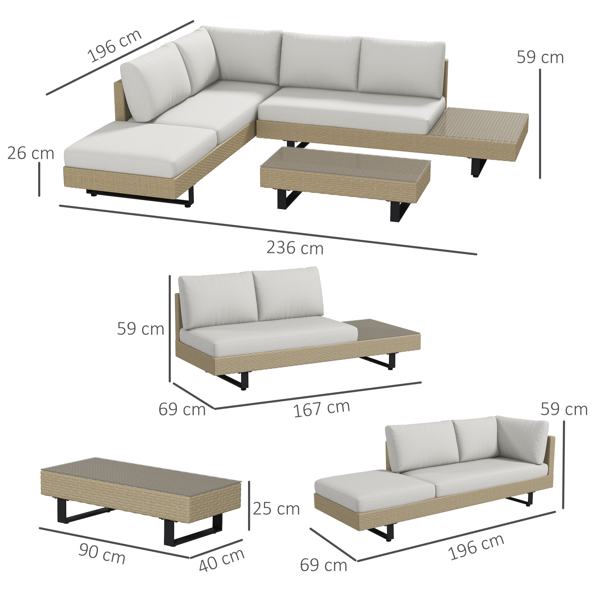 Conjunto de Muebles Ratán de 3 Piezas Mesa de Centro Sofá Doble y Sofá de 3 Plazas con Cojines Extraíbles para Exterior Jardín Terraza Patio Acero Beige