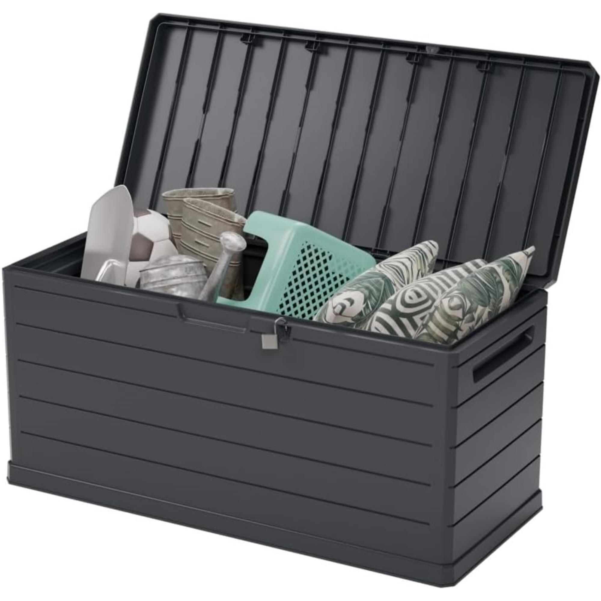 Baúl para exterior de 350L con cerradura, en color Gris oscuro y resistente al agua - 118,5x52x56,8cm