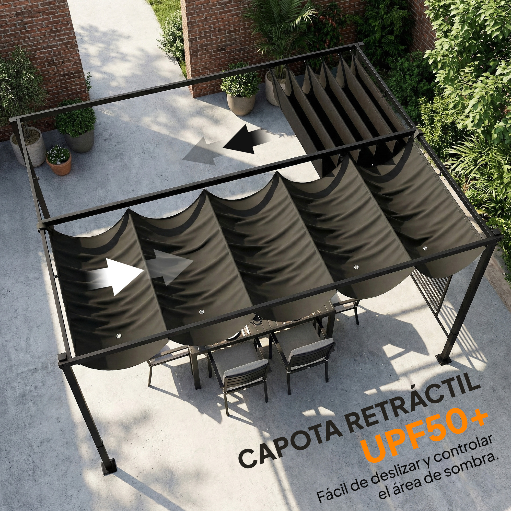 Pérgola de Jardín 4x3 m con Techo Retráctil y 2 Paneles de Privacidad Fijos, Cenador de Jardín con Protección UPF50+, Drenaje, Estructura Metálica, Pabellón para Exterior, Gris Oscuro