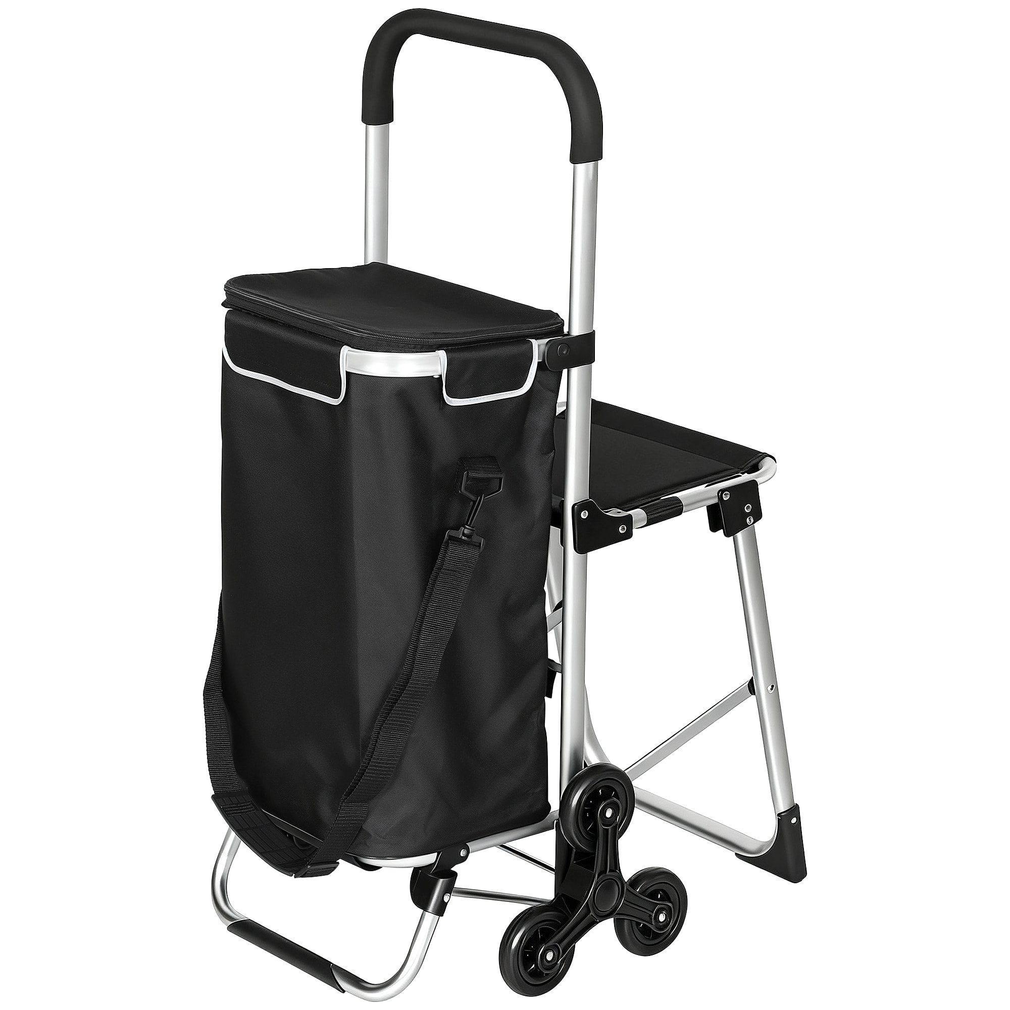 Chariot de courses pliable 3 en 1 tabouret sac à bandoulière 40L poignée telescopique compartiment isotherme alu noir