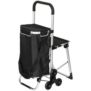Chariot de courses pliable 3 en 1 tabouret sac à bandoulière 40L poignée telescopique compartiment isotherme alu noir