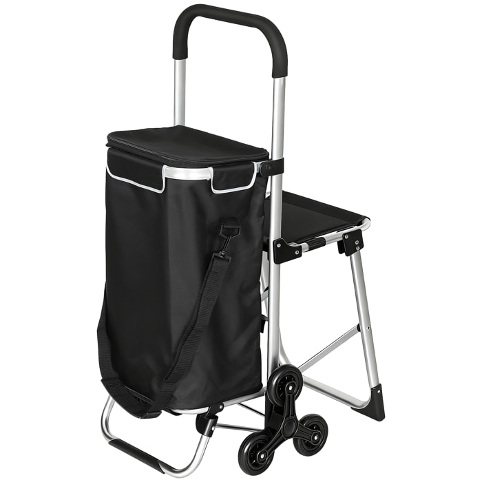 Chariot de courses pliable 3 en 1 tabouret sac à bandoulière 40L poignée telescopique compartiment isotherme alu noir
