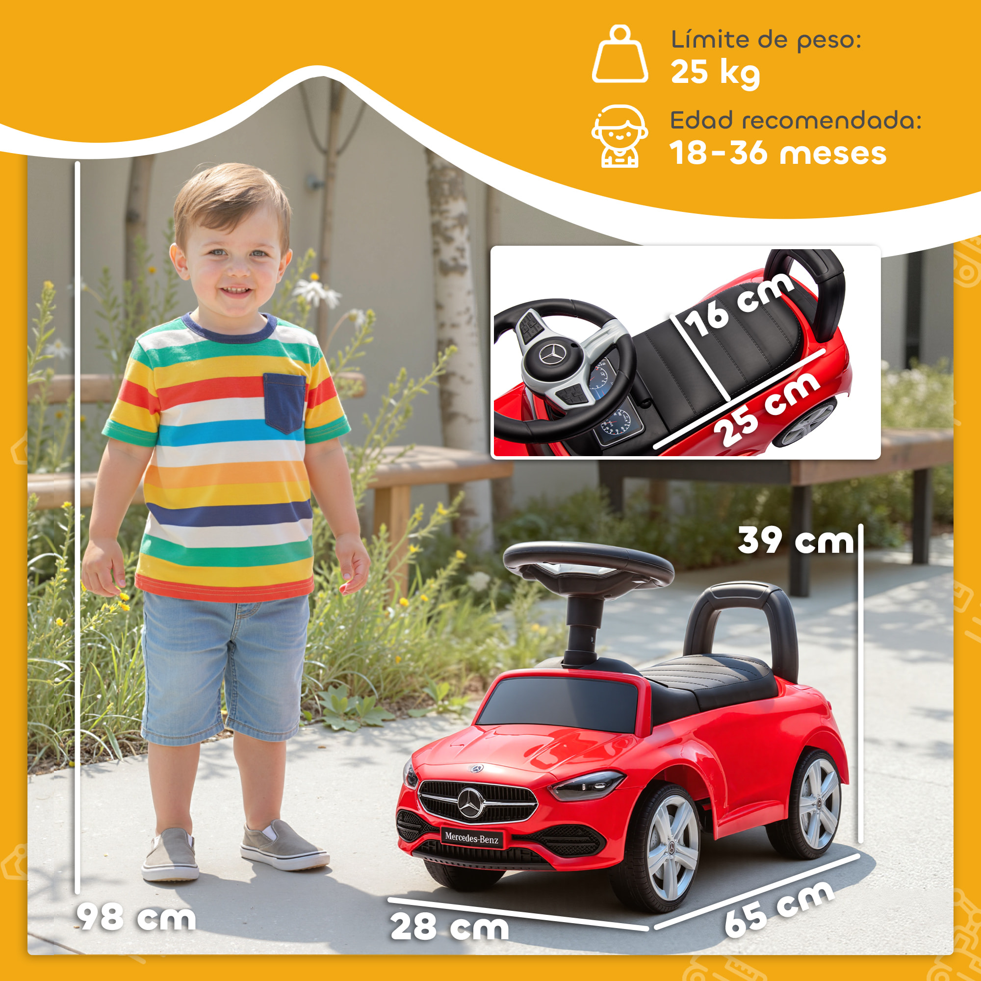 Coche Correpasillos para Niños de 18-36 Meses Mercedes-Benz Clase C, Correpasillos con Bocina, Volante, Sonidos de Motor y Espacio de Almacenaje, 65x28x39 cm, Rojo