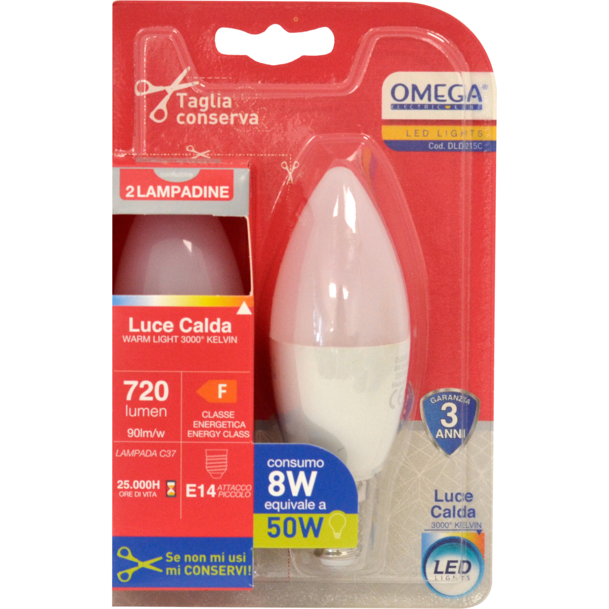 OMEGA Set 6 Pezzi Candela LED C37 8W 3000K E14