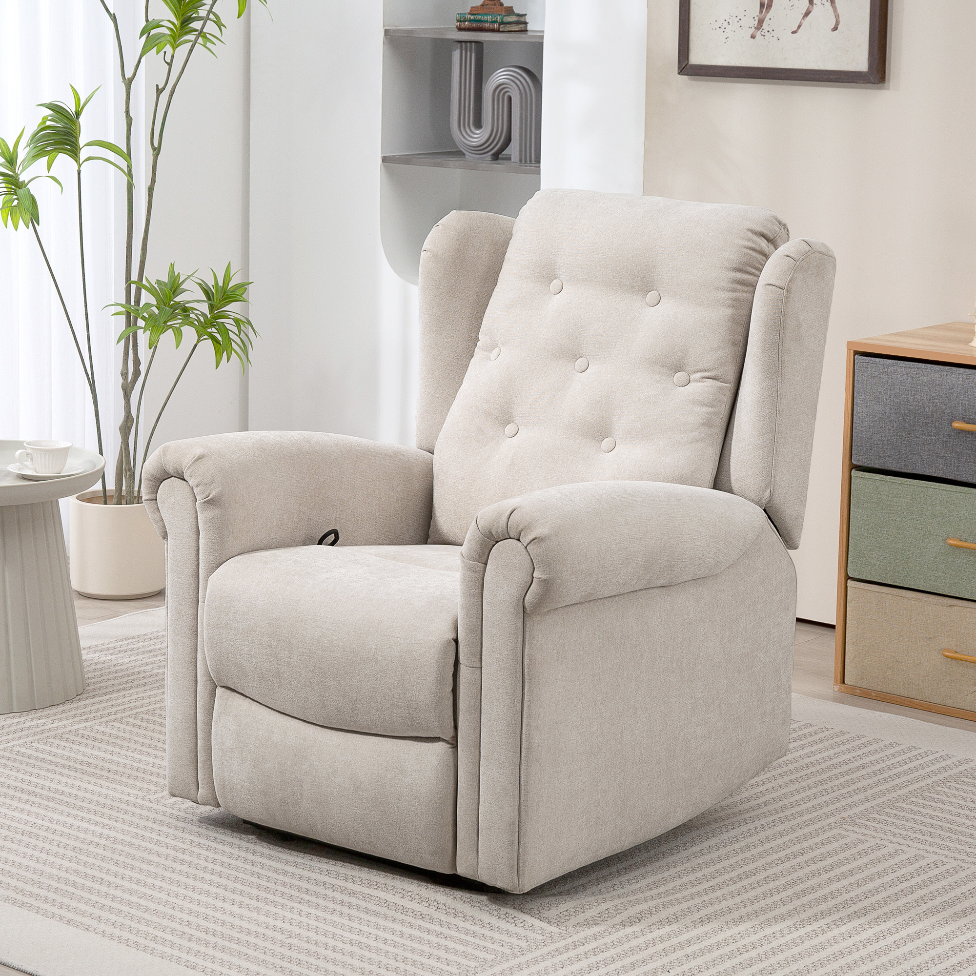 Fauteuil massant chauffant inclinable repose-pieds intégré poche rangement tissu toucher lin beige