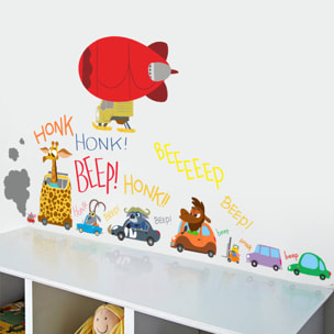 Stickers Muraux décoration adhésifs embouteillage et dirigeable avec animaux rigolos
