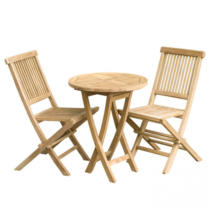 HARRIS - SALON DE JARDIN EN BOIS TECK 2 personnes : Ensemble de jardin - 1 Table ronde pliante 60 cm et 2 chaises