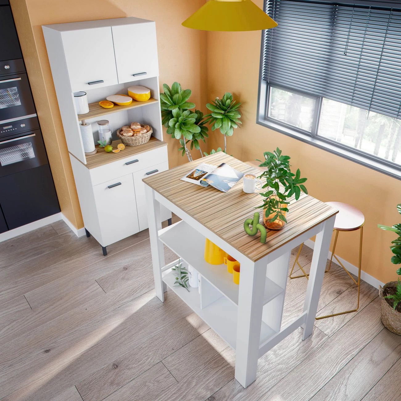 Alacena de cocina con 4 puertas y 1 cajón en blanco artik y natur 72x185 cm Nitza Blanco Artik (Blanco Mate) - Natur