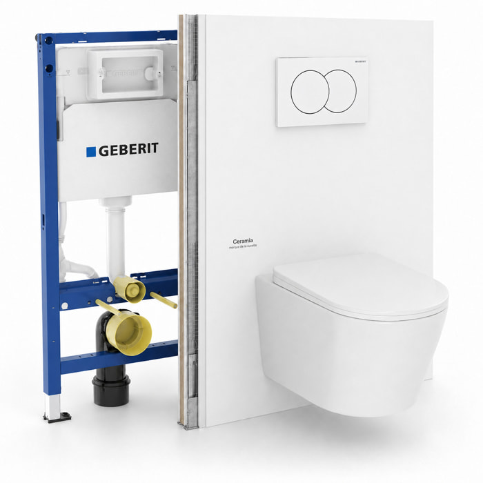 Pack WC suspendu complet avec bâti-support Geberit Duofix, cuvette Ceramia Vortex, abattant SoftClose et plaque blanche