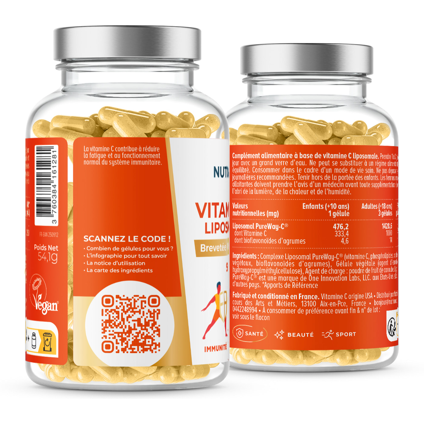 Nutri&Co Vitamine C Liposomale - PureWay-C® hautement biodisponible - Immunité et Tonus - 90 gélules vegan