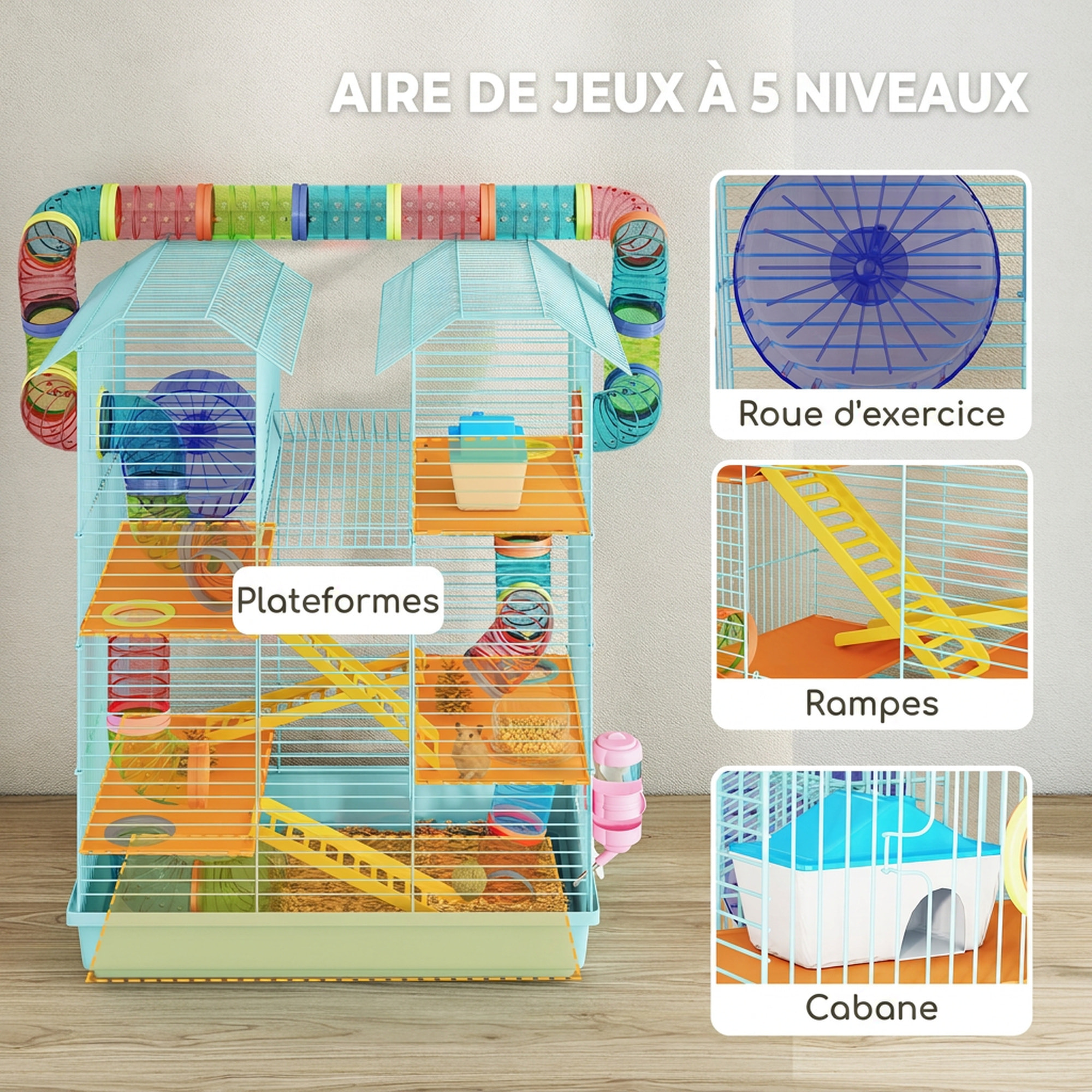 Cage pour hamster souris petits animaux rongeur avec tunnel mangeoire roue jouet 47 x 30 x 59 cm cm bleu ciel