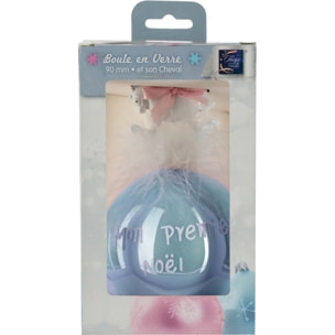 Boule de Noël Mon Premier Père Noël + Cheval 90mm bleu en verre
