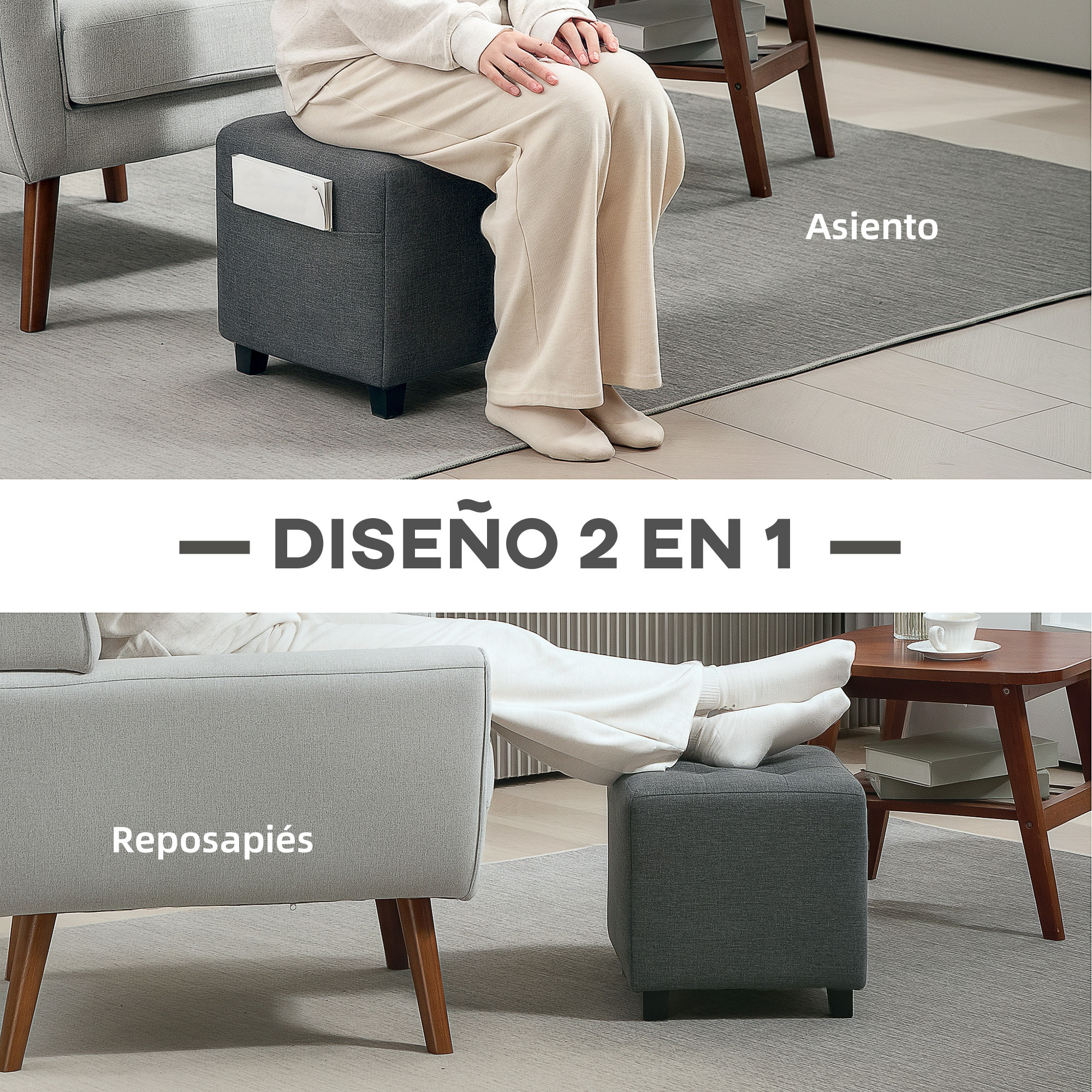 Reposapiés de Salón Taburete Bajo Tapizado en Lino Otomana Cuadrada con Bolsillo Lateral Tapa con Botones Acolchados y Marco de Madera para Sala de Estar Dormitorio Gris