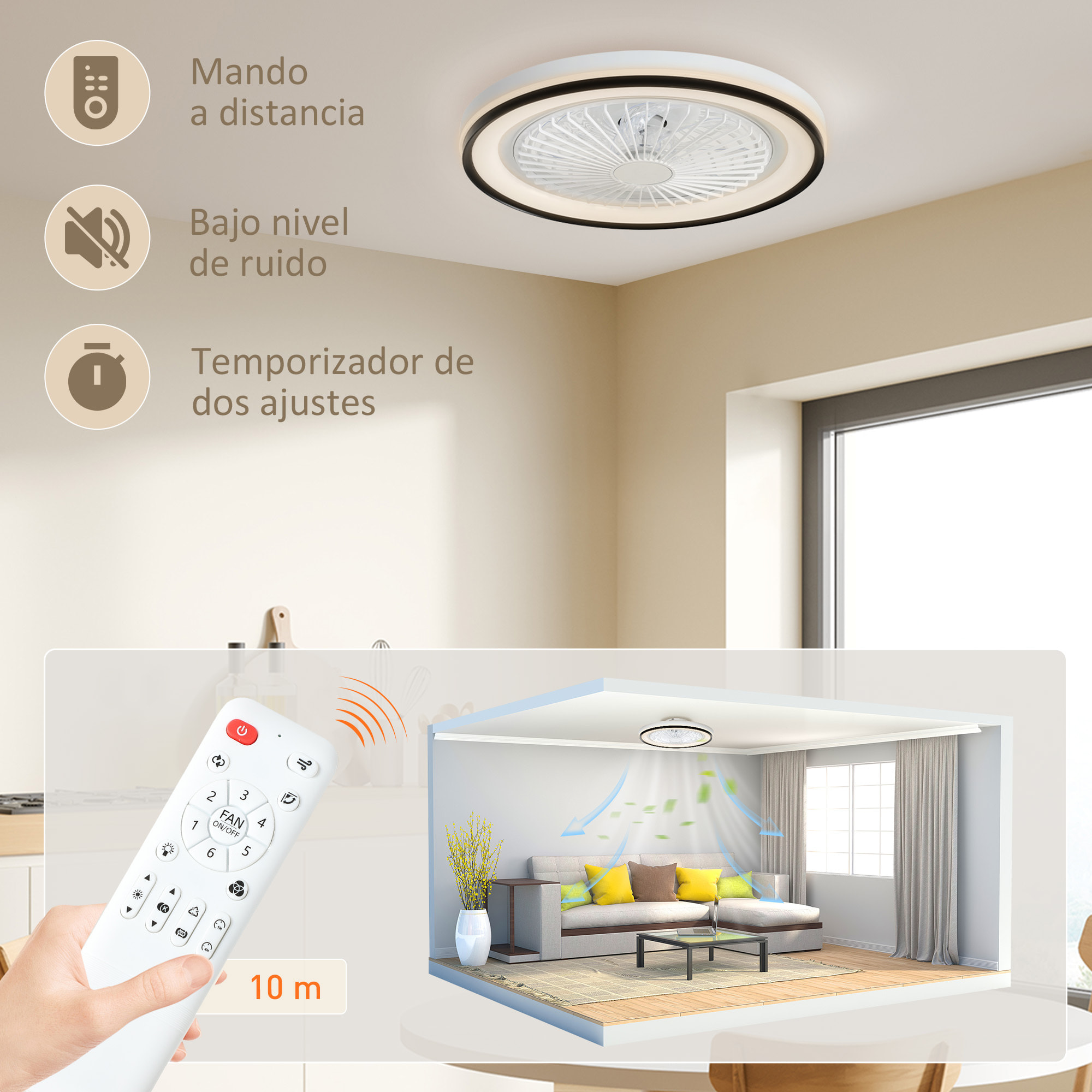 Ventilador de Techo con Luz LED 48,5 W Motor DC Reversible Lámpara Ventilador Techo Silenciosa con Mando a Distancia 6 Velocidades Temporizador para Salón Dormitorio Ø48 cm Blanco