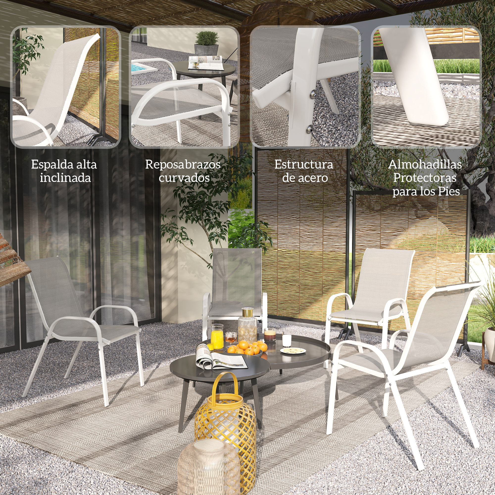 Juego de 4 Sillas de Jardín Exterior Sillas Terraza Exterior Apilables Sillas de Jardín con Tela Transpirable Marco de Acero Reposabrazos y Respaldo 54x71x93 cm Gris y Blanco