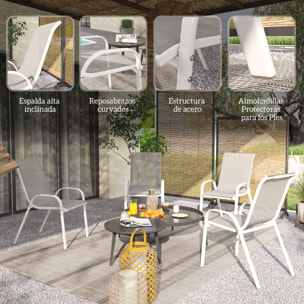 Juego de 4 Sillas de Jardín Exterior Sillas Terraza Exterior Apilables Sillas de Jardín con Tela Transpirable Marco de Acero Reposabrazos y Respaldo 54x71x93 cm Gris y Blanco