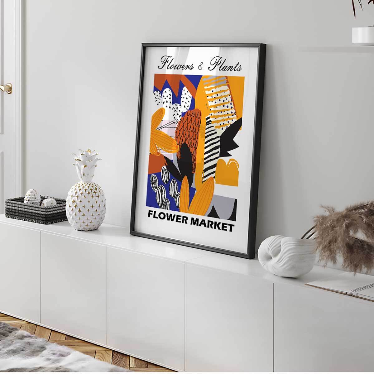 Affiche encadrée fleurs abstraites modernes Affiche + cadre en métal - Noir