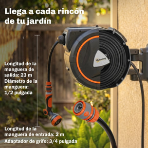 Enrollador de Manguera para Jardín 23+2 m con 12 Modos de Rociado, Carrete de Manguera de Jardín de Pared con Bloqueo Automático y Retracción Controlada, Soporte Orientable 180°, Naranja
