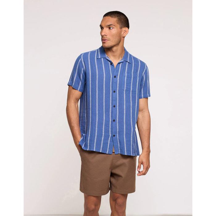 Camisa Manga Corta con Lino Azul Oscuro Rayas - Selvaire