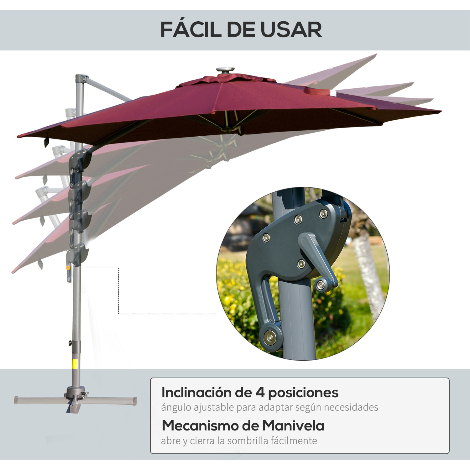 Sombrilla de 300 cm Protección UV 50+ Giratorio con Manivela Luces LED Rojo