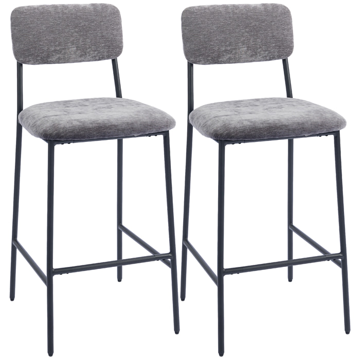 Lot de 2 tabourets de bar style vintage assise large dossier haut acier noir tissu chenille gris