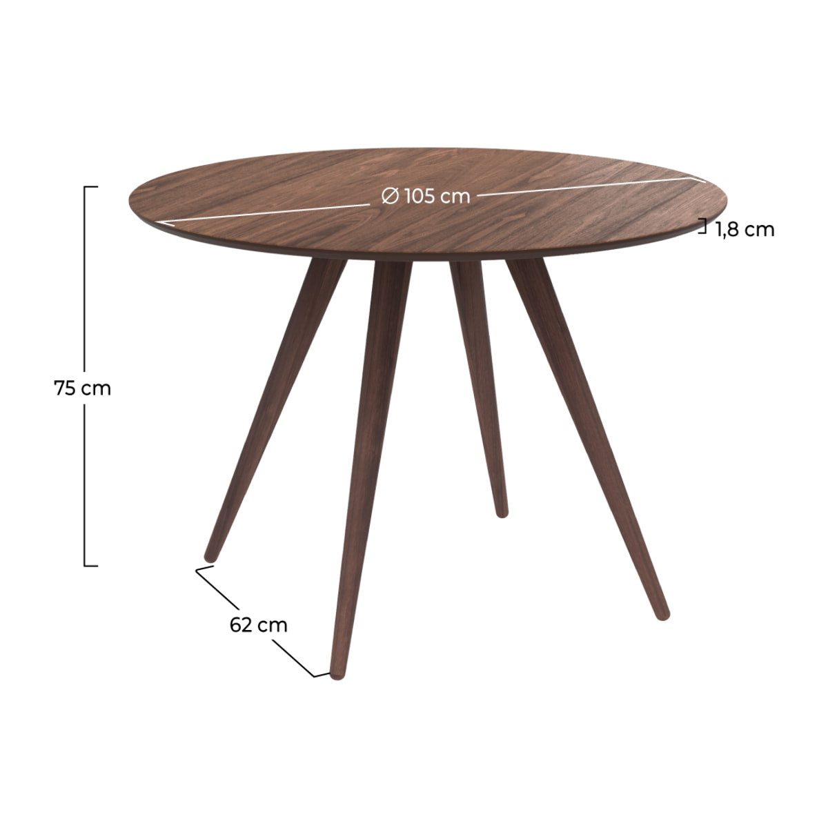 Table ronde 4 personnes en bois foncé finition noyer D105 cm - Liwa
