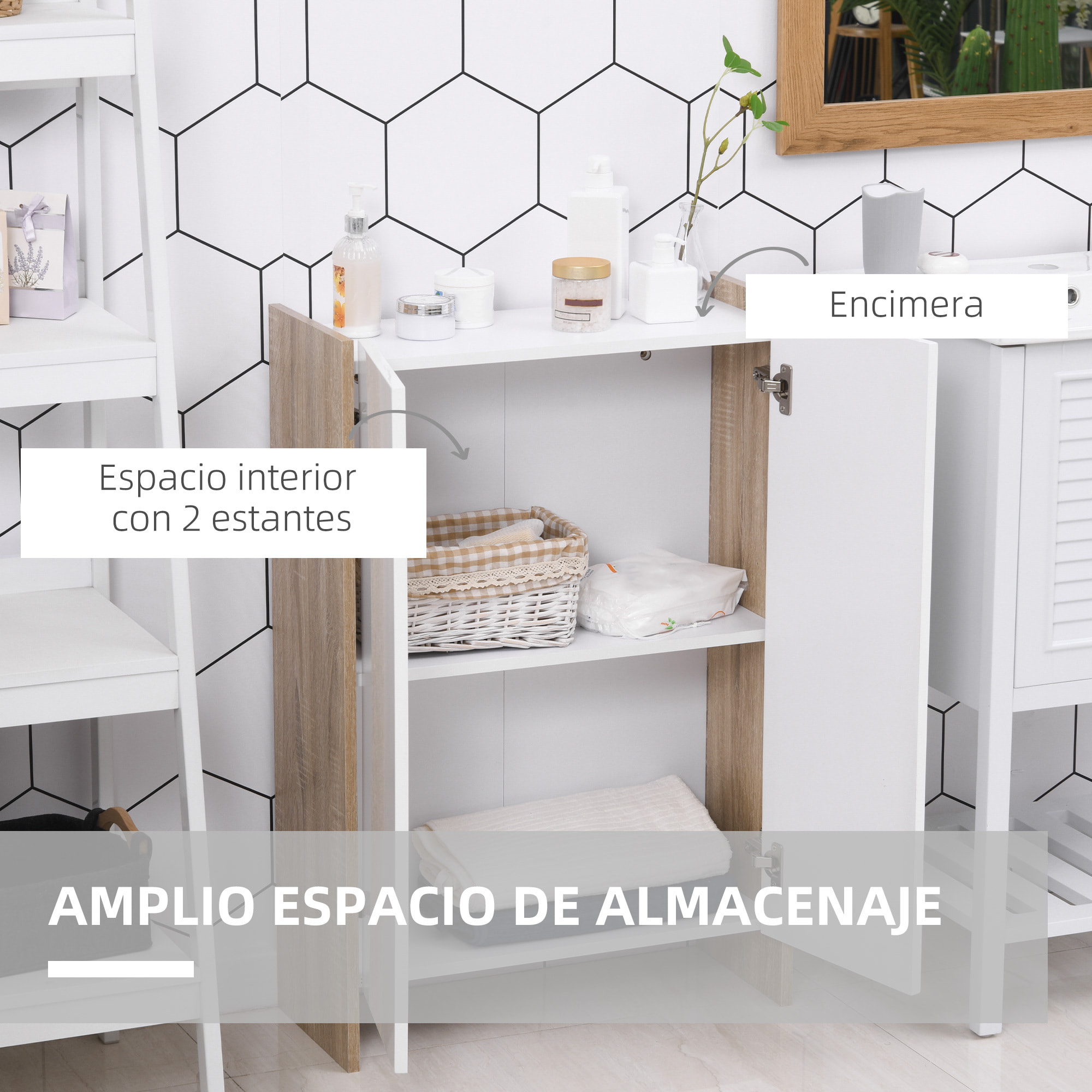 Armario de Almacenaje de 2 Puertas Mueble Auxiliar de Baño Multiusos con 2 Estantes para Cocina Salón Dormitorio 60x25x90 cm Acabado en Blanco Brillo