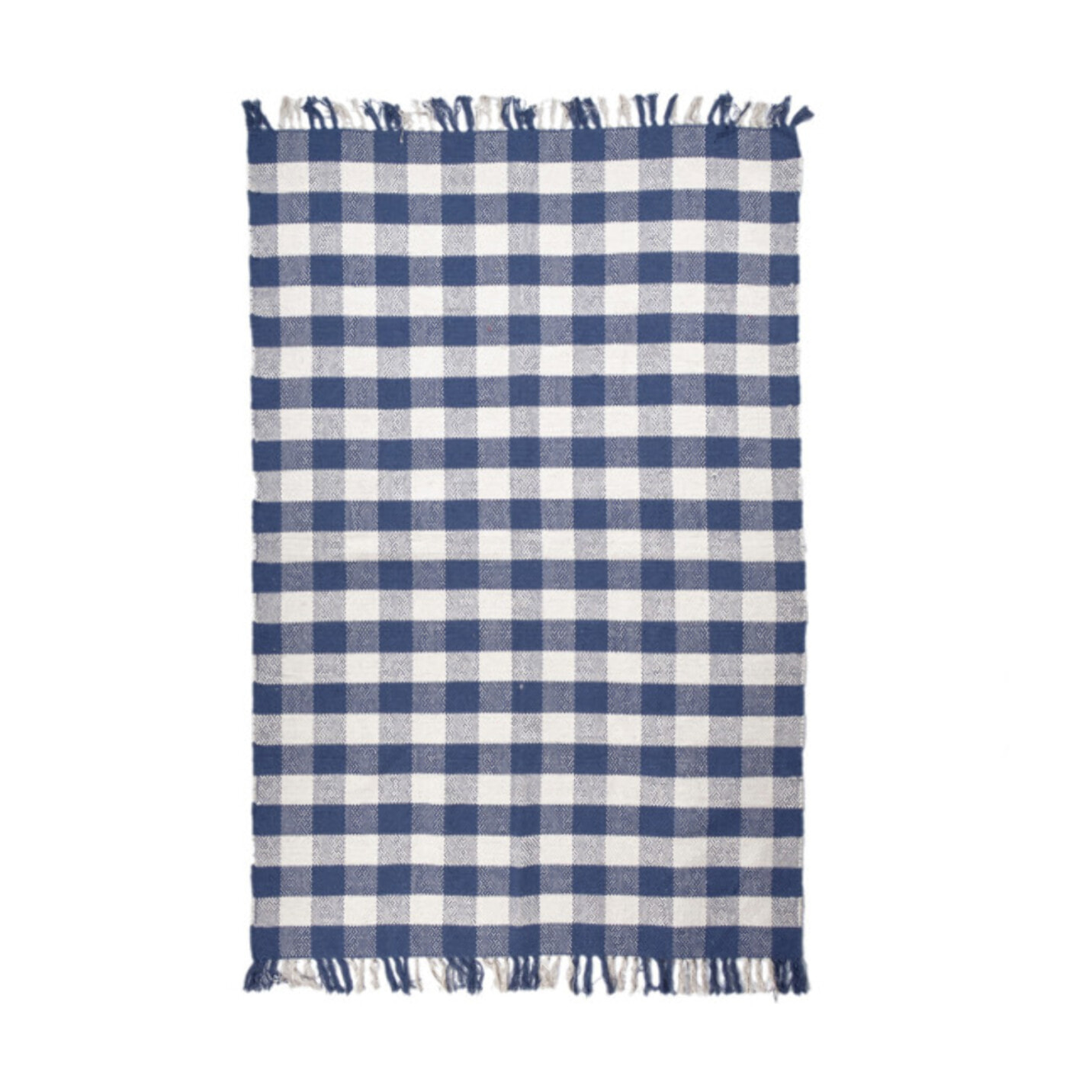 Tapis en coton avec carreaux bleu et blanc et franges - DENIM