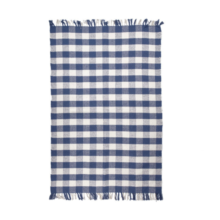 Tapis en coton avec carreaux bleu et blanc et franges - DENIM