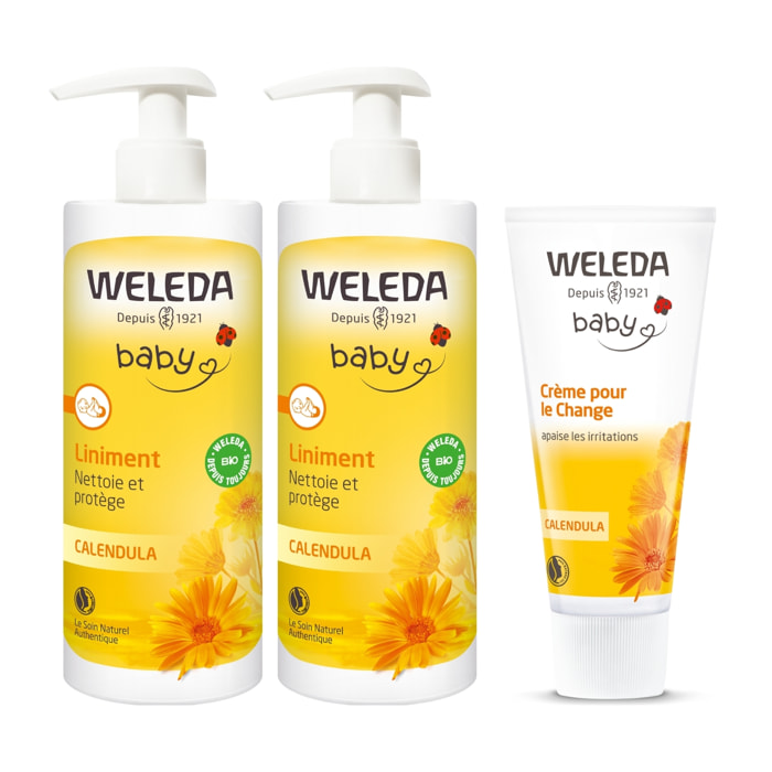 WELEDA - DUO Liniment + Crème pour le change Calendula - Nettoyant - pour Bébé - Certifié Natrue ** - Facon 400ml et Tube 75 ml