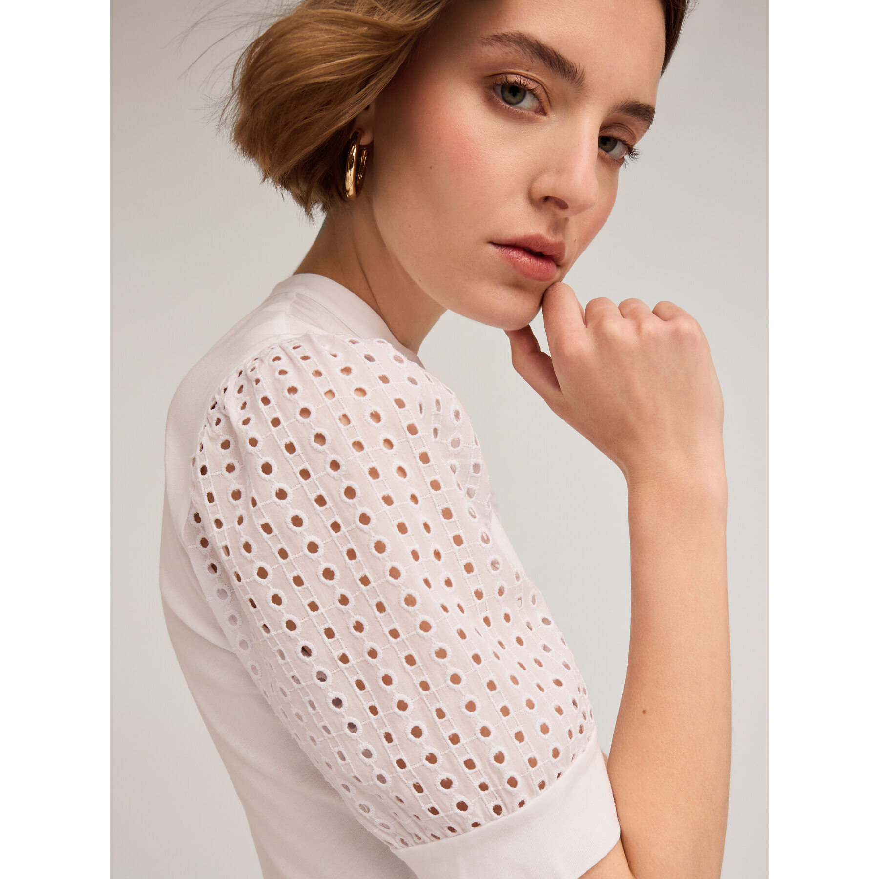 Motivi - Henley-Shirt mit Lochstickerei-Ärmeln - Blanco